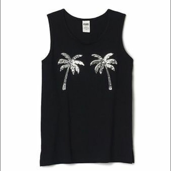 PINK Victoria’s Secret Bling Campus Palm Tree Sequin Detail Tank Black Sz Small - Picture 1 of 9